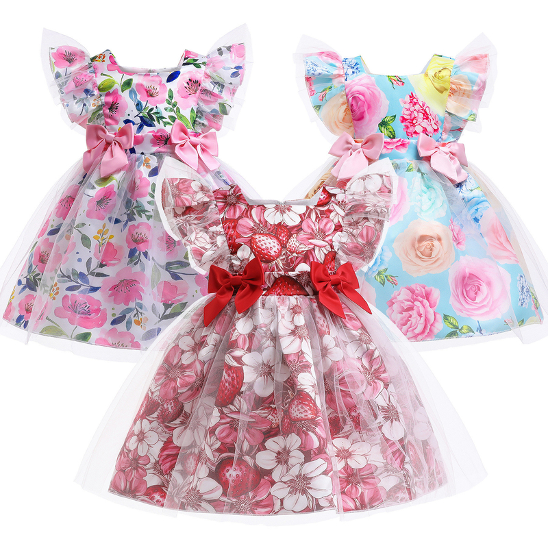Girls Floral Print Summer Children'S Clothing Bow Dress