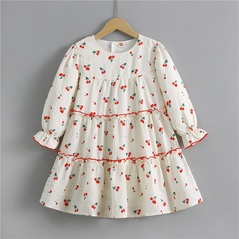 Spring Children'S Clothing Cherry Printed Dress Girls Puff Sleeves Dress