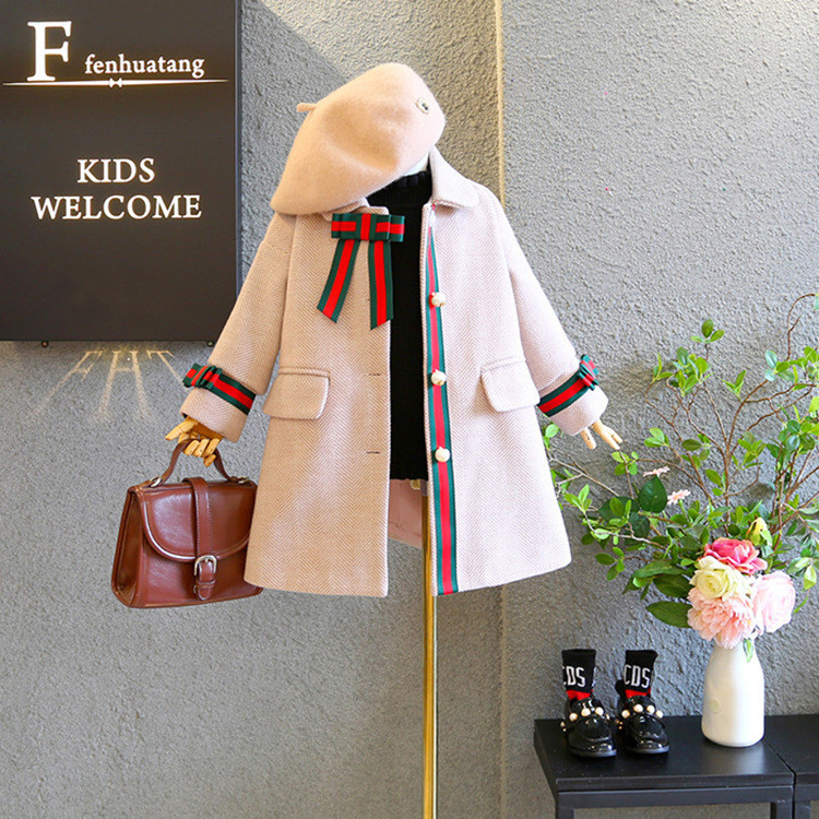 100cm 39in Girls Winter Children'S Clothing Solid Vintage Pink Wool Coat